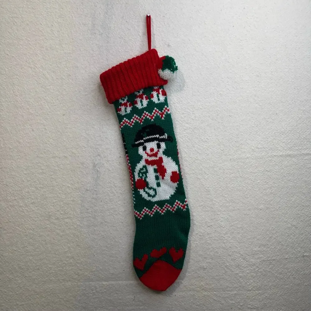 VTG Acrylic Knit Christmas Stockings Festive Snowman Teddy Bear Holiday Presents